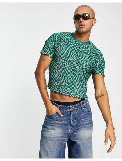 skinny cropped t-shirt in green printed plisse