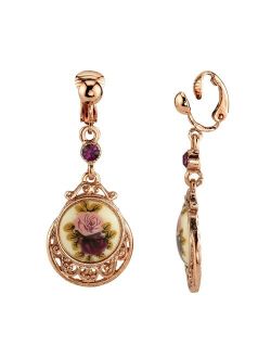 1928 Rose Gold Tone Filigree Purple Simulated Stone Floral Decal Drop Earrings