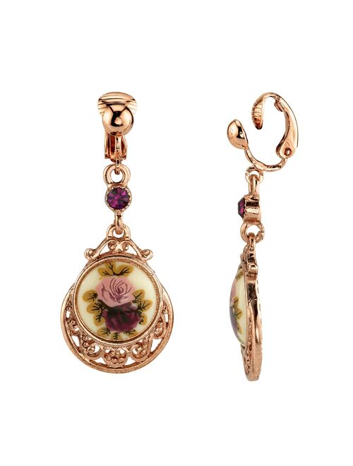 1928 Jewelry 1928 Rose Gold Tone Filigree Purple Simulated Stone Floral Decal Drop Earrings