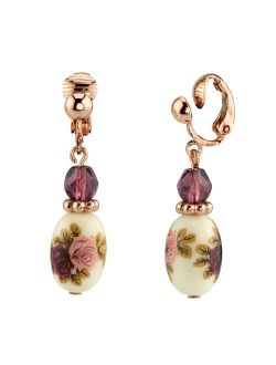 1928 Rose Gold Tone Purple Bead Flower Motif Porcelain Drop Earrings