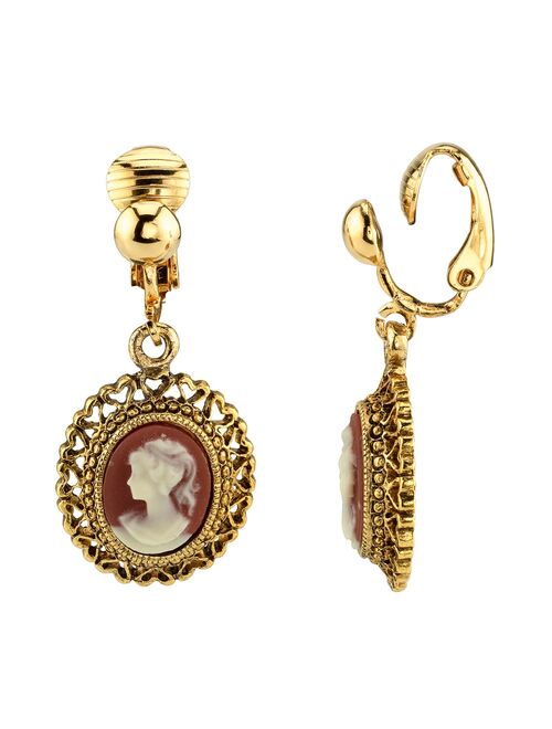 1928 Jewelry 1928 Gold Tone Filigree Woman Cameo Detail Clip-On Drop Earrings