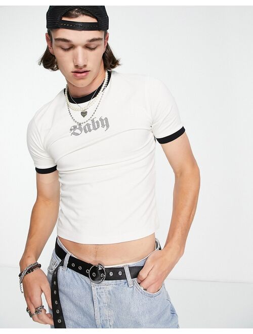 ASOS DESIGN shrunken fit ringer t-shirt in white with 'Baby' diamante print