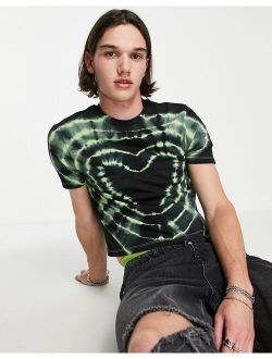 skinny shrunken fit t-shirt in green & black 90s heart tie dye