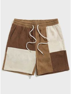 Men Color Block Drawstring Waist Corduroy Shorts