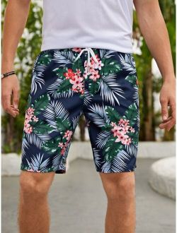 Men Random Tropical Print Drawstring Waist Shorts