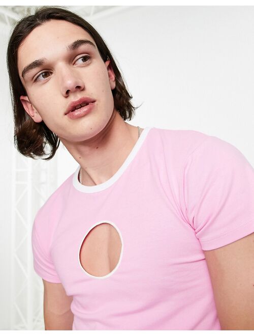 ASOS DESIGN muscle T-shirt with circle chest cut-out in pink with ringer