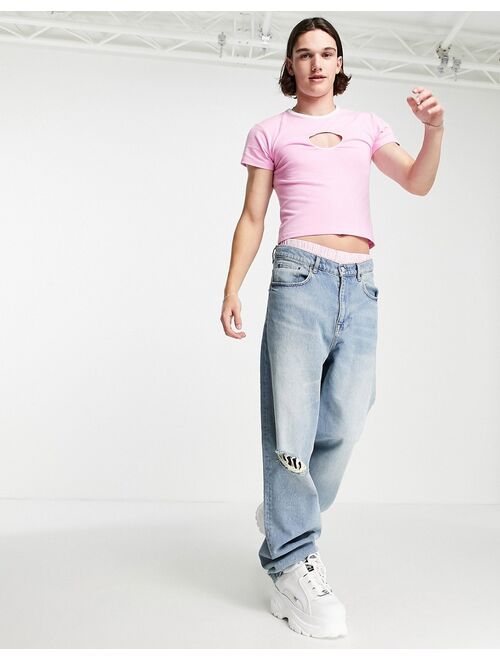 ASOS DESIGN muscle T-shirt with circle chest cut-out in pink with ringer