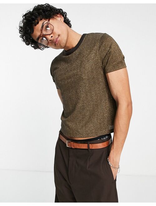ASOS DESIGN skinny cropped t-shirt in gold texture with contrast neck and cuffs