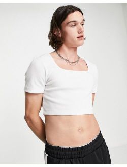 muscle fit crop top in rib and square neck in white