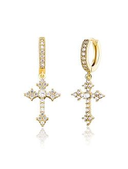 JINAO 14K Gold Plated Iced Out cross earring Hoop Earrings Classical Cross earrings for Men Women Pave CZ Cross Earrings for Women Men Gifts