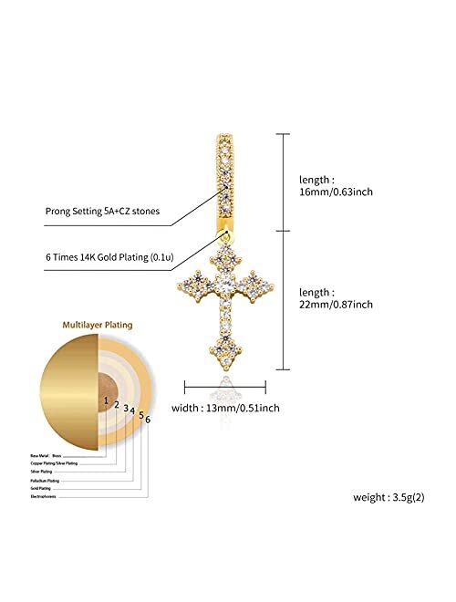 JINAO 14K Gold Plated Iced Out cross earring Hoop Earrings Classical Cross earrings for Men Women Pave CZ Cross Earrings for Women Men Gifts