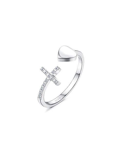 Sllaiss 925 Sterling Silver Adjustable Cross Rings for Women Men Love CZ Stackable Open Ring Sideways Cross Christian Religious Ring
