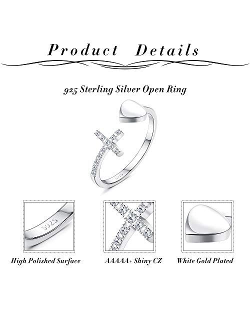 Sllaiss 925 Sterling Silver Adjustable Cross Rings for Women Men Love CZ Stackable Open Ring Sideways Cross Christian Religious Ring
