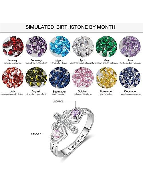 Lam Hub Fong Personalized Cross Rings for Women with 2 Birthstones Custom Meaningful Mothers Cross Name Rings Promise Mother Daughter Rings for Mom