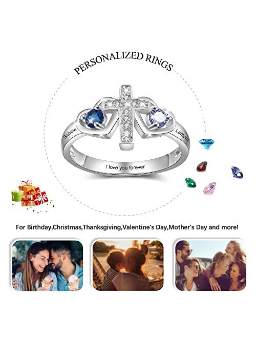 Lam Hub Fong Personalized Cross Rings for Women with 2 Birthstones Custom Meaningful Mothers Cross Name Rings Promise Mother Daughter Rings for Mom