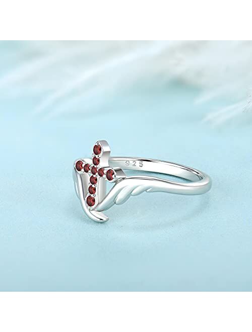 STARCHENIE Cross Ring 925 Sterling Silver Angel Wings Ring for Women Size 5-10