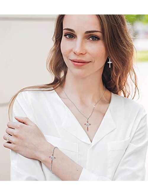 YL Cross Earrings 925 Sterling Silver Infinity Leverback Earrings Cross Dangle Drop Religious Jewelry Christian Baptism Gift