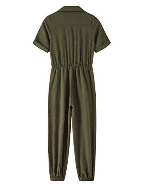 Drekelin Girl's Summer Long Solid Romper Short Sleeve Front Zipper Elastic Waisted Long Jumpsuit with Pocket 7-14 Years