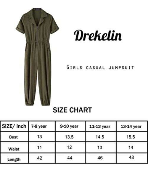 Drekelin Girl's Summer Long Solid Romper Short Sleeve Front Zipper Elastic Waisted Long Jumpsuit with Pocket 7-14 Years