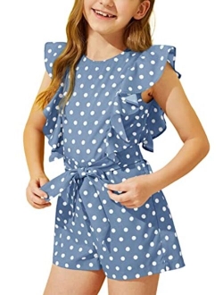 DOBULO Girl's Casual Ruffle Sleeveless Summer Rompers Wide Leg Swiss Dots Short Jumpsuits with Belt