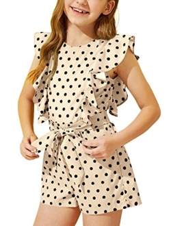 DOBULO Girl's Casual Ruffle Sleeveless Summer Rompers Wide Leg Swiss Dots Short Jumpsuits with Belt