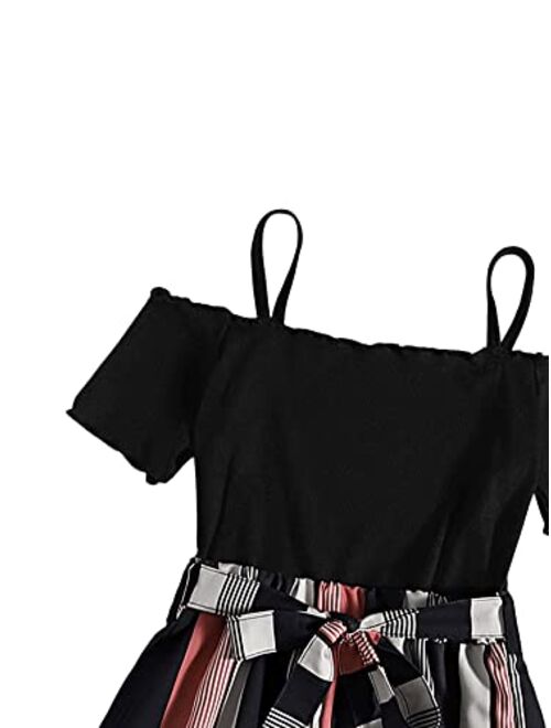 Romwe Girl's Striped Print Cold Shoulder Short Sleeve Belted Shorts Romper Jumpsuit