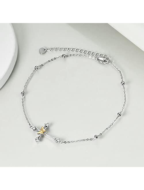 POPLYKE Sterling Silver Daisy Flower/Star/Cross Adjustable Anklet Jewelry for Women Teens Girls Gift