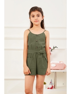 GAMISOTE Girls Romper Strappy Sleeveless Button Tie Front Jumpsuit With Pockets