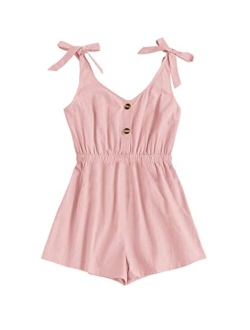 GAMISOTE Girls Romper Strappy Sleeveless Button Tie Front Jumpsuit With Pockets
