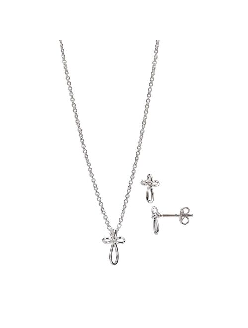 FAO Schwarz Silver Tone Open Cross Pendant Necklace & Earring Set