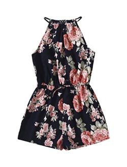 Girl's Floral Print Halter Sleeveless High Waist Romper Short Jumpsuit