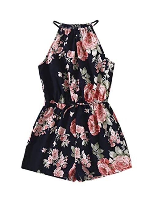 SOLY HUX Girl's Floral Print Halter Sleeveless High Waist Romper Short Jumpsuit