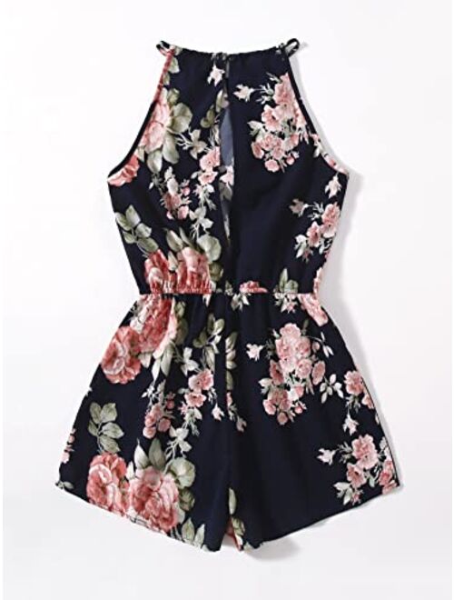 SOLY HUX Girl's Floral Print Halter Sleeveless High Waist Romper Short Jumpsuit