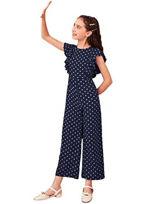WDIRARA Girl's Polka Dots Ruffle Trim Cap Sleeve Round Neck Wide Leg Jumpsuit