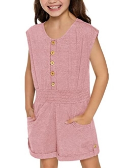 Leyay Girl's Summer Short Sleeve Romper Button up Jumpsuit Shorts With Side Pocket