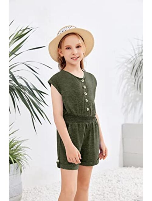Leyay Girl's Summer Short Sleeve Romper Button up Jumpsuit Shorts With Side Pocket