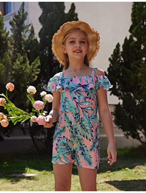 Hopeac Girls Jumpsuits Rompers Off Shoulder Summer Beach Cute Sleeveless Ruffle Floral Playsuit Overall Outfits Clothes