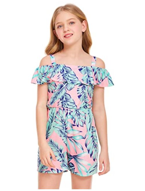 Hopeac Girls Jumpsuits Rompers Off Shoulder Summer Beach Cute Sleeveless Ruffle Floral Playsuit Overall Outfits Clothes