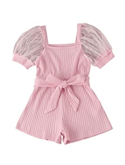Girl's Puff Sleeve Ribbed Knit Tie Front Belted Short Romper Jumpsuit