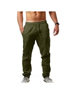 MorwenVeo Men's Linen Pants Casual Long Pants - Loose Lightweight Drawstring Yoga Beach Trousers Casual Trousers - 6 Colors