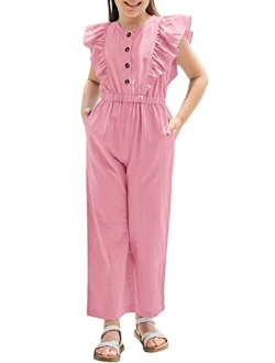 GAMISOTE Girls Wide Leg Jumpsuit Cotton Sleeveless Button Up Ruffle One Piece Rompers