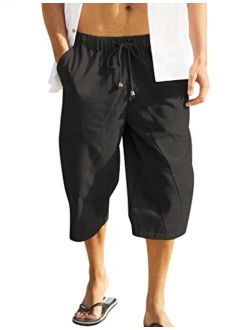 Mens Baggy Harem Pants Drawstring Cotton Linen Wide Leg Capri Yoga Beach Pants
