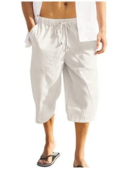 Mens Baggy Harem Pants Drawstring Cotton Linen Wide Leg Capri Yoga Beach Pants