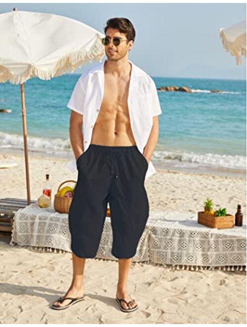 COOFANDY Mens Baggy Harem Pants Drawstring Cotton Linen Wide Leg Capri Yoga Beach Pants