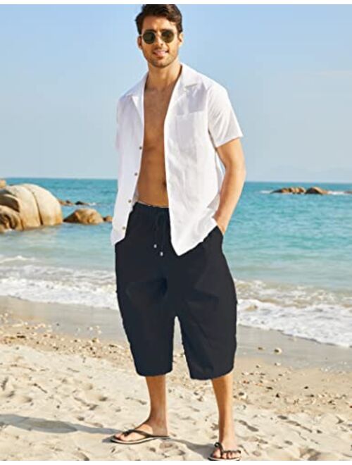COOFANDY Mens Baggy Harem Pants Drawstring Cotton Linen Wide Leg Capri Yoga Beach Pants