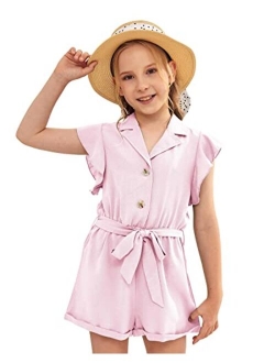 Ermonn Girls Romper Strappy Ruffle Sleeveless Button Tie Front Jumpsuit Cute Shorts Overall With Belt For 5-14 Years