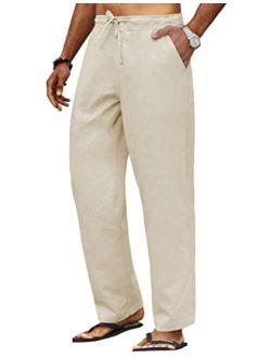 Men's Casual Linen Pants Elastic Waist Drawstring Beach Yoga Trousers Lightweight Straight Leg Pants with Pockets