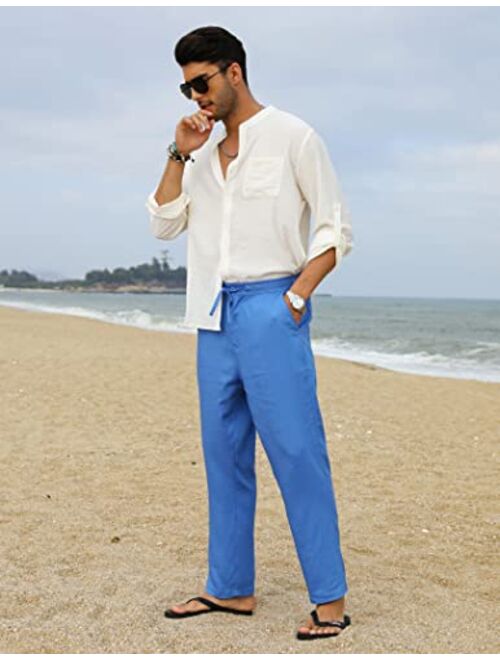COOFANDY Men's Casual Linen Pants Elastic Waist Drawstring Beach Yoga Trousers Lightweight Straight Leg Pants with Pockets