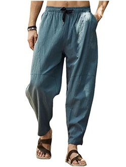 YUCENFU Men's Casual Pants Cotton Linen Loose Fit Pants Drawstring Elastic Waist Yoga Pants
