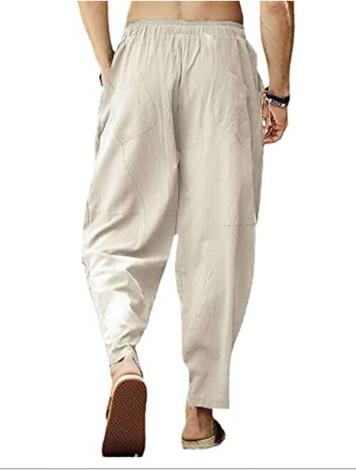 YUCENFU Men's Casual Pants Cotton Linen Loose Fit Pants Drawstring Elastic Waist Yoga Pants
